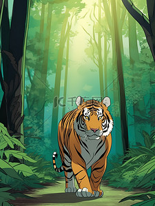 丛林里在行走的老虎插画2