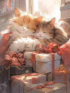 圣诞礼物盒礼物盒插画图片_窗户旁抱着圣诞礼物的猫8