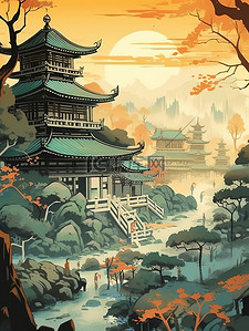 中国风中式建筑树木草地日出插画18