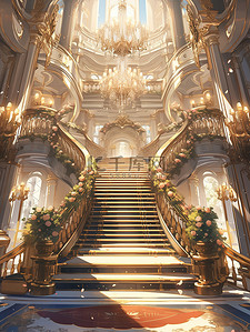 楼梯插画图片_宏伟壮观建筑金色宫殿楼梯4