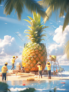 甩卖处理插画图片_微距小人在处理巨型菠萝7
