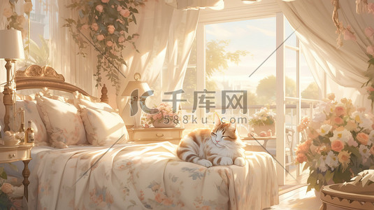床上睡眠插画图片_温馨的卧室床上躺着一只猫17