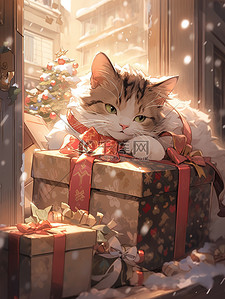 圣诞礼物盒礼物盒插画图片_窗户旁抱着圣诞礼物的猫12