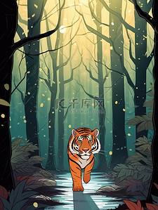 凶猛的鱼插画图片_丛林里在行走的老虎插画4