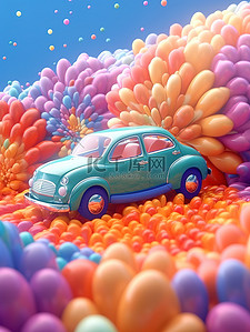 越野玩具车插画图片_卡通汽车被气球花朵包围3D5
