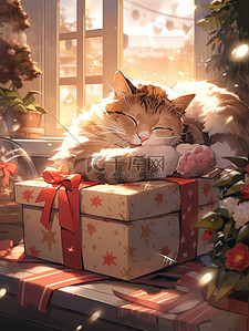 圣诞礼物盒礼物盒插画图片_窗户旁抱着圣诞礼物的猫13