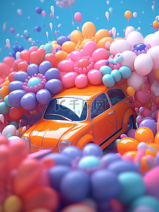 越野玩具车插画图片_卡通汽车被气球花朵包围3D2