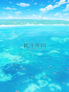 蓝色度假插画图片_蓝色的海水和郁郁葱葱的树叶4
