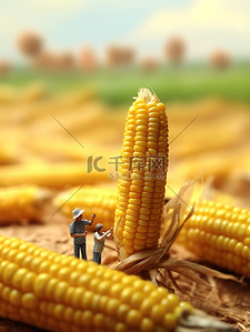 玉米杆地插画图片_微距小人在巨大的玉米上工作5