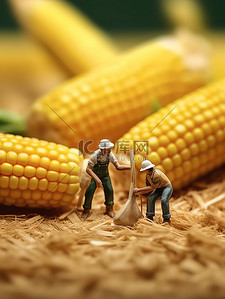 玉米杆地插画图片_微距小人在巨大的玉米上工作7