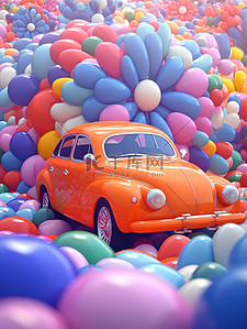 越野玩具车插画图片_卡通汽车被气球花朵包围3D14