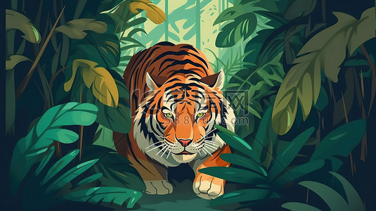 爱1插画图片_在丛林中行走的老虎1