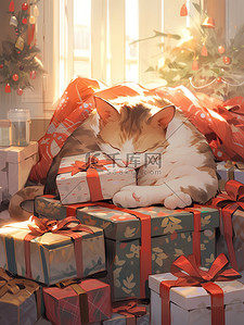 圣诞礼物盒插画图片_窗户旁抱着圣诞礼物的猫3