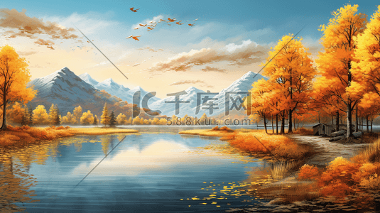 唯美秋季金黄色树叶山水风景插画22