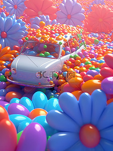 卡通汽车被气球花朵包围3D8