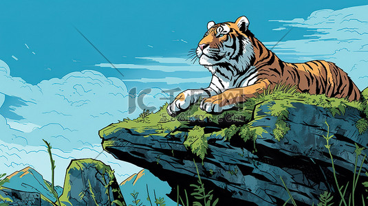 休息动物插画图片_在岩石上休息的老虎6