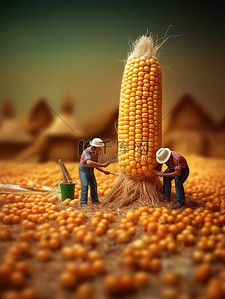 粮食详情插画图片_微距小人在巨大的玉米上工作20