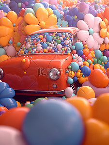 卡通汽车被气球花朵包围3D4