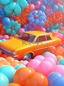 卡通汽车被气球花朵包围3D11