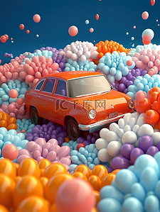 越野玩具车插画图片_卡通汽车被气球花朵包围3D17