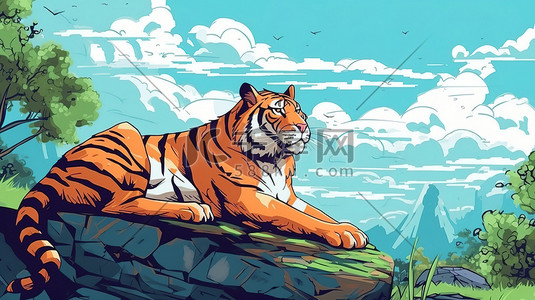 休息动物插画图片_在岩石上休息的老虎7