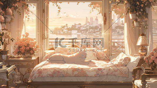 纯色床上用品插画图片_温馨的卧室床上躺着一只猫8