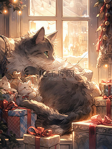圣诞礼物盒插画图片_窗户旁抱着圣诞礼物的猫2
