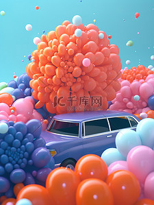卡通汽车被气球花朵包围3D9
