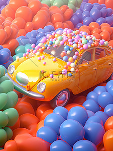 越野玩具车插画图片_卡通汽车被气球花朵包围3D12