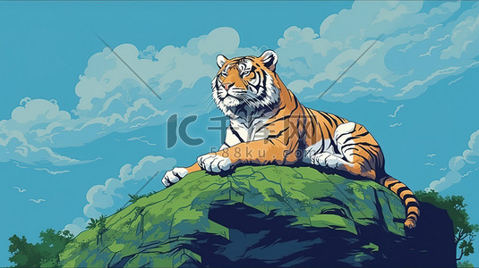 凶猛的鱼插画图片_在岩石上休息的老虎11