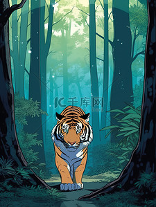 凶猛的鱼插画图片_丛林里在行走的老虎插画1