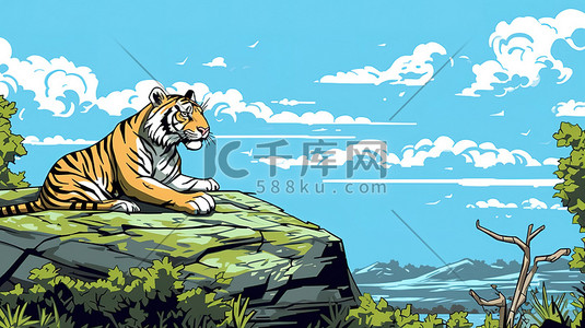 休息动物插画图片_在岩石上休息的老虎1