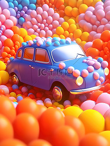 卡通汽车被气球花朵包围3D19