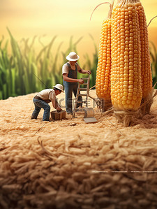 玉米黑白线稿插画图片_微距小人在巨大的玉米上工作3