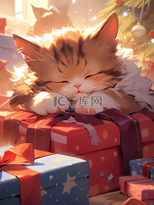 圣诞礼物节日插画图片_窗户旁抱着圣诞礼物的猫15