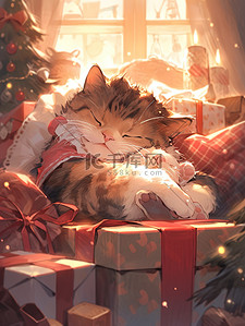 圣诞礼物盒插画图片_窗户旁抱着圣诞礼物的猫6