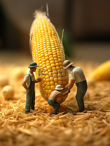 切开玉米插画图片_微距小人在巨大的玉米上工作8
