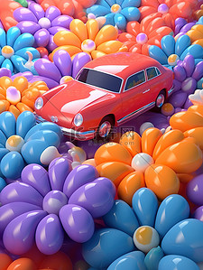 卡通汽车被气球花朵包围3D18