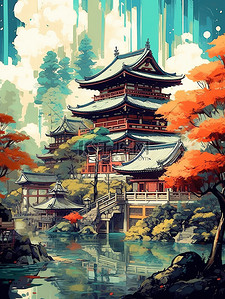 中国风中式建筑树木草地日出插画10