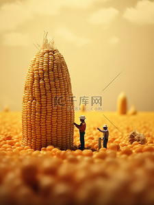 悬挂的玉米插画图片_微距小人在巨大的玉米上工作11