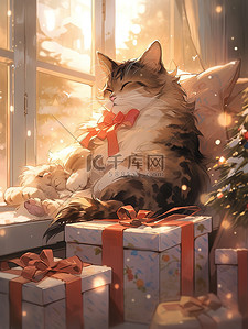 圣诞礼物节日插画图片_窗户旁抱着圣诞礼物的猫14