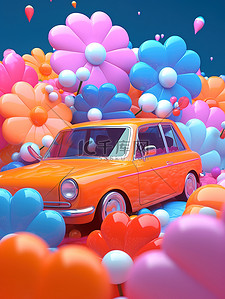 越野玩具车插画图片_卡通汽车被气球花朵包围3D7
