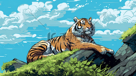 休息动物插画图片_在岩石上休息的老虎20