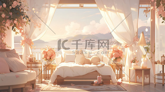 床上用品海报背景插画图片_温馨的卧室床上躺着一只猫6