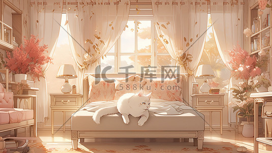 纯色床上用品插画图片_温馨的卧室床上躺着一只猫10