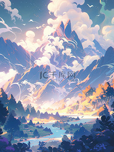 群山山脉中国风翡翠和蓝色插画19