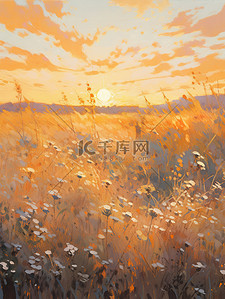 乡村油画插画图片_柔和阳光温暖日落乡村油画9