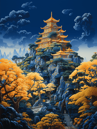 中国风唯美古建筑山水风景插画13