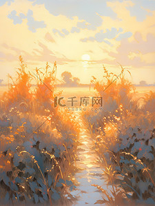 乡村油画插画图片_柔和阳光温暖日落乡村油画5