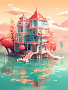 水上彩色房子2d游戏艺术风格1